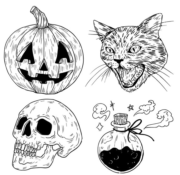 Bộ Sưu Tập Ý Tưởng Halloween Vẽ Tay Phác Họa Vector - Free.Vector6.com