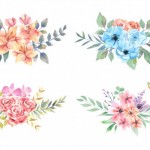 Bốn Bó Hoa Lily Màu Nước, Hải Quỳ, Hoa Hồng Và Hoa Zinnia Với Con Bướm Màu Cam Sắp Xếp Vector
