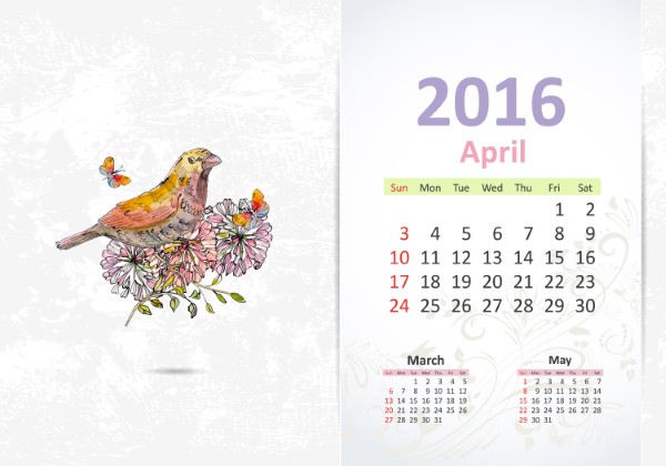 Calendar for 2016, april