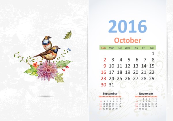 Calendar for 2016, October
