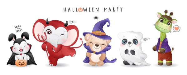 Cute doodle animal for halloween day with watercolor illustration