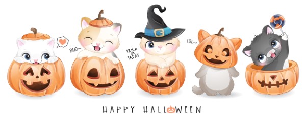 Cute doodle kitty for halloween day with watercolor illustration