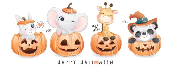 Cute doodle animal for halloween day with watercolor illustration