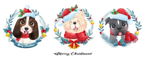Cute doodle puppy for christmas with watercolor illustration