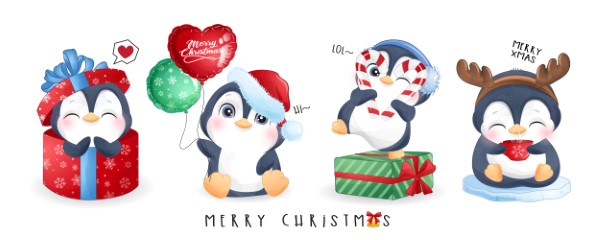 Cute doodle penguins set for christmas day with watercolor illustration