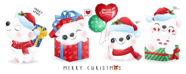 Cute doodle polar bear set for christmas day with watercolor illustration