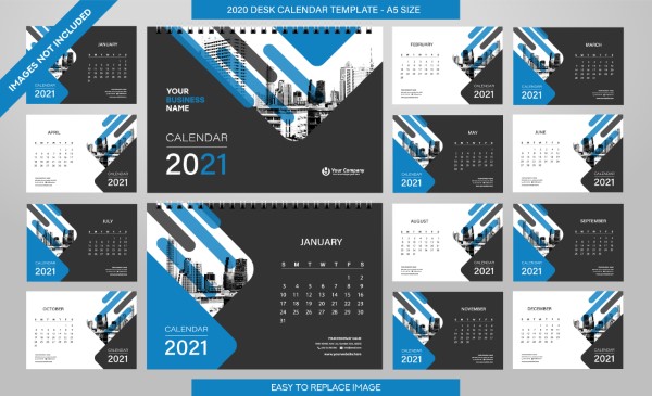 Desk Calendar 2021 template - 12 months included - A5 Size