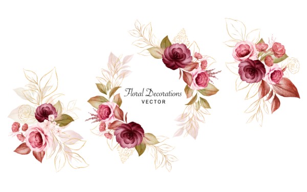 Set of gold watercolor floral arrangements of burgundy and peach