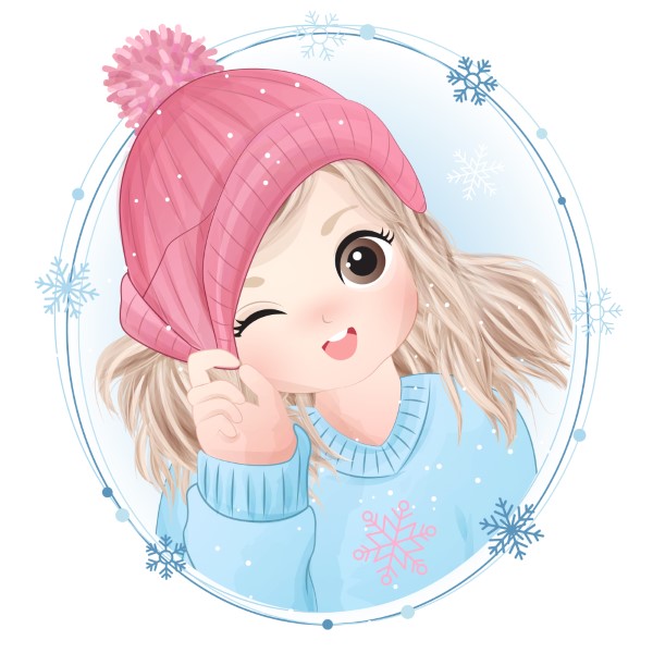 Hand drawn cute little girl with watercolor illustration