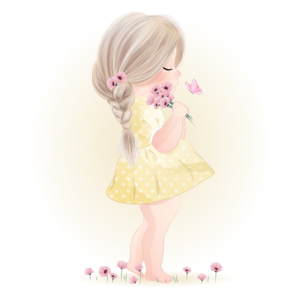 Hand drawn cute little girl with watercolor illustration