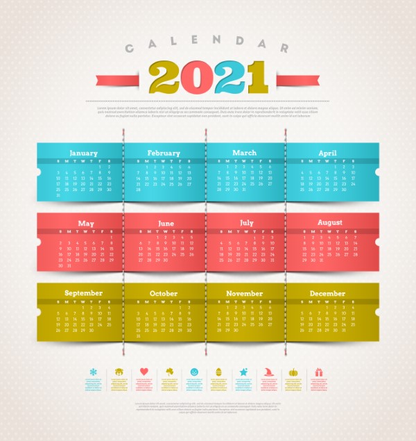Vector temlate design - calendar of 2021 with holidays icons