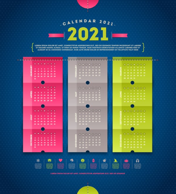 Calendar 2021 - template vector design with paper elements
