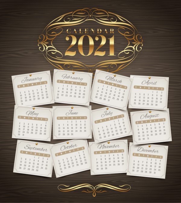 Vector design template - Calendar of 2021 with golden ornate elements on a wooden background